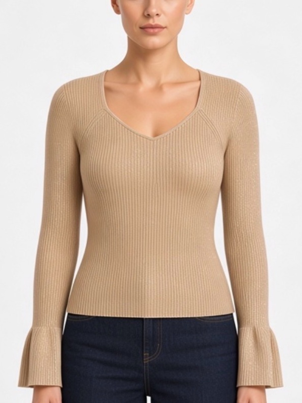 Ribbed V-Neck Long-Sleeve Sweater in Camel Shimmer/ with wide ruffled cuffs: M